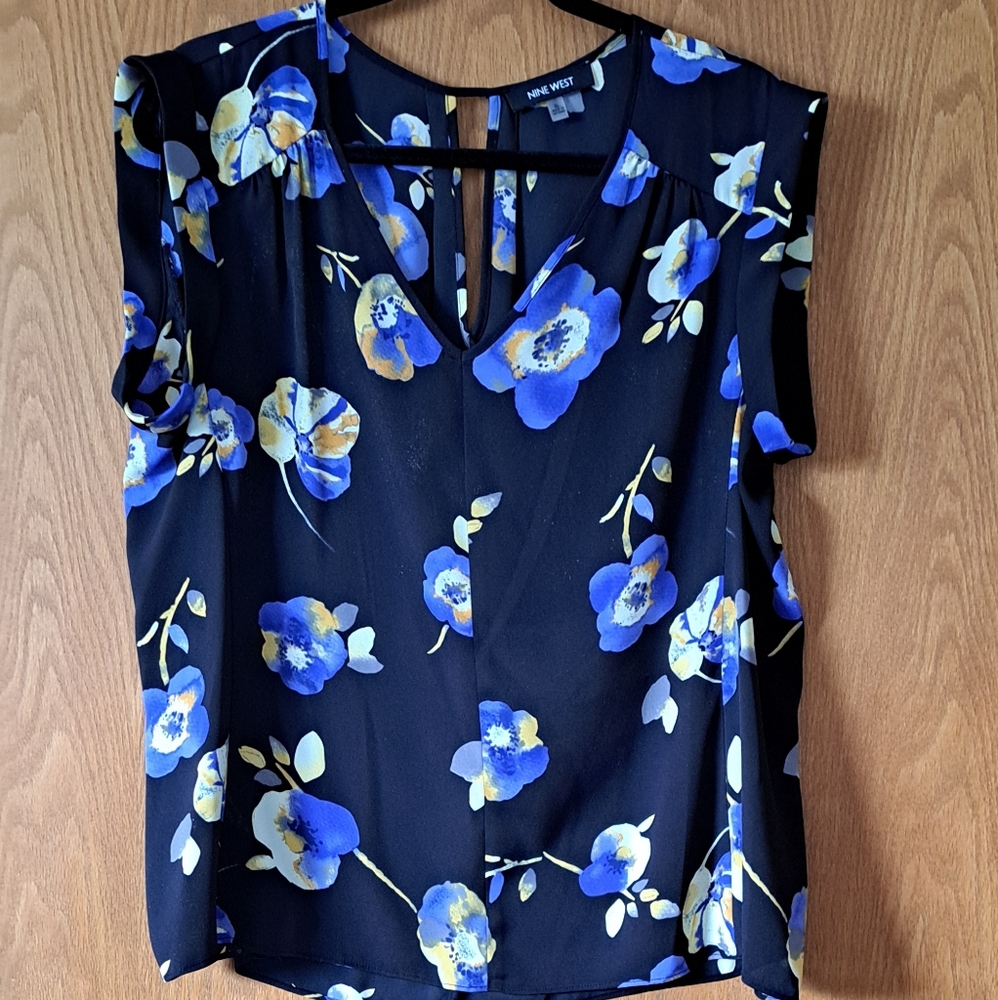 Nine West Black and Blue Floral Blouse